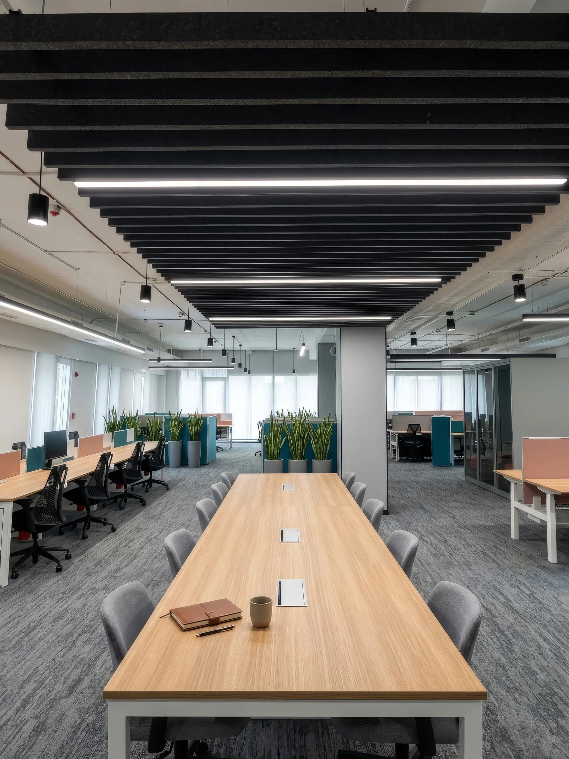 Bosch office, linear baffle ceiling
