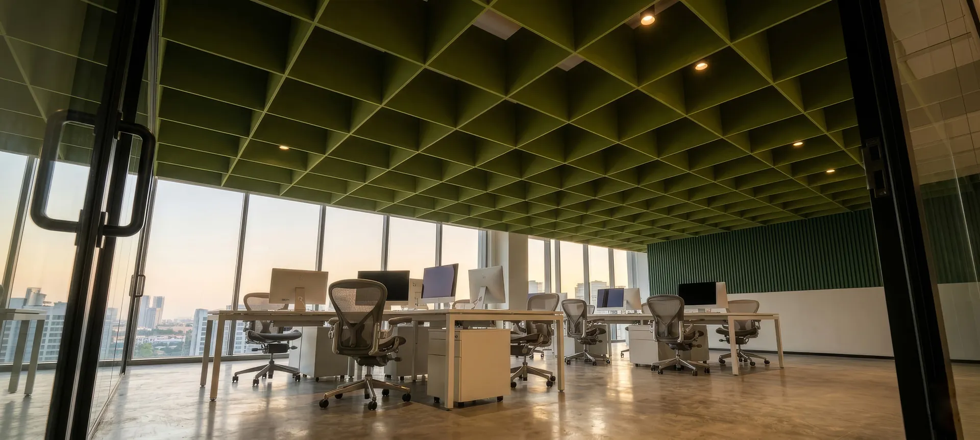 Grid baffle ceiling, workspace