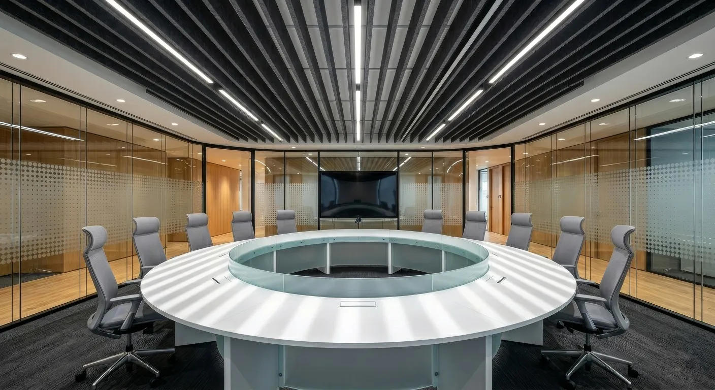 Linear baffle ceiling, open studio