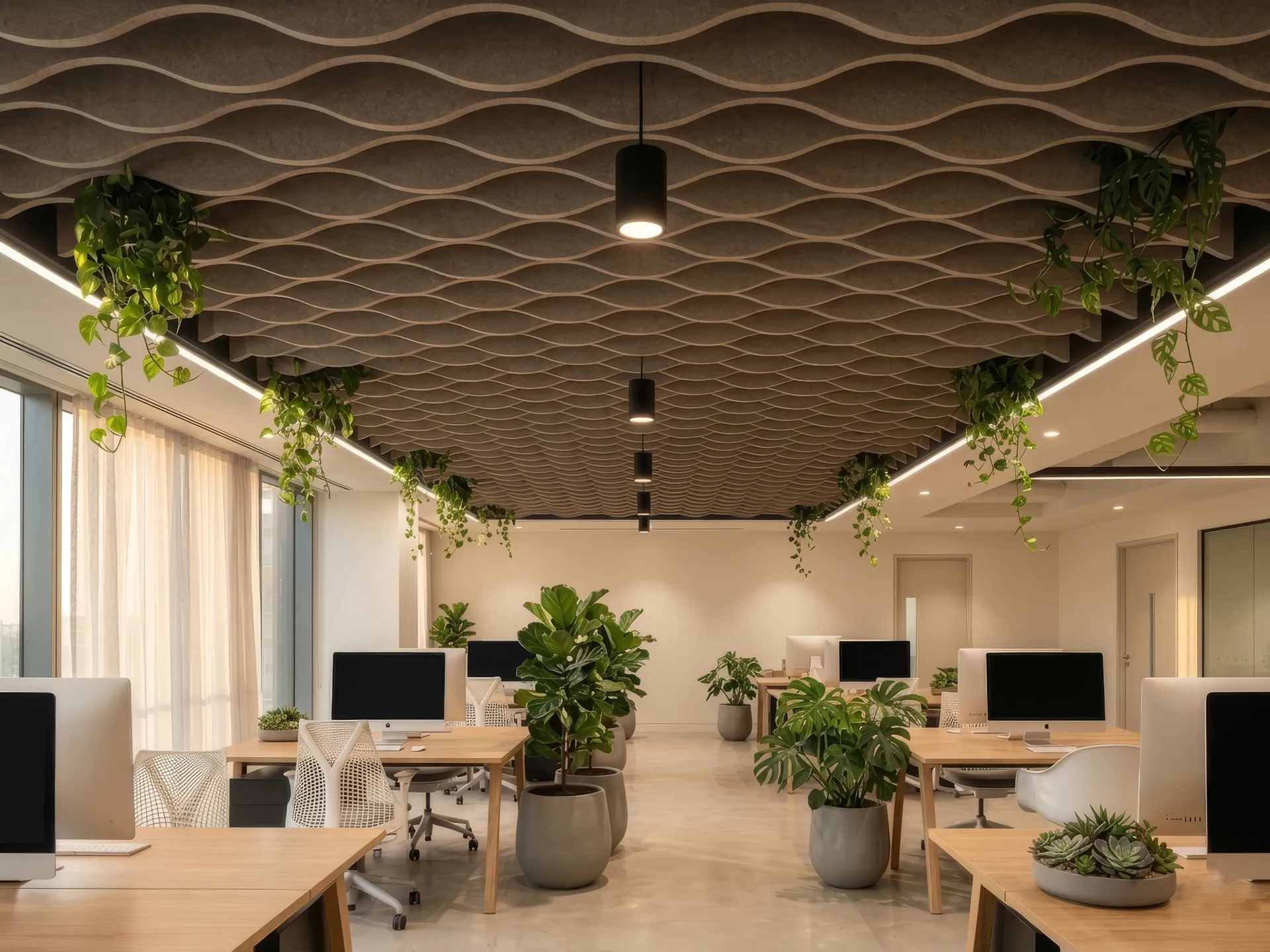 Wave-form baffle ceiling, open office