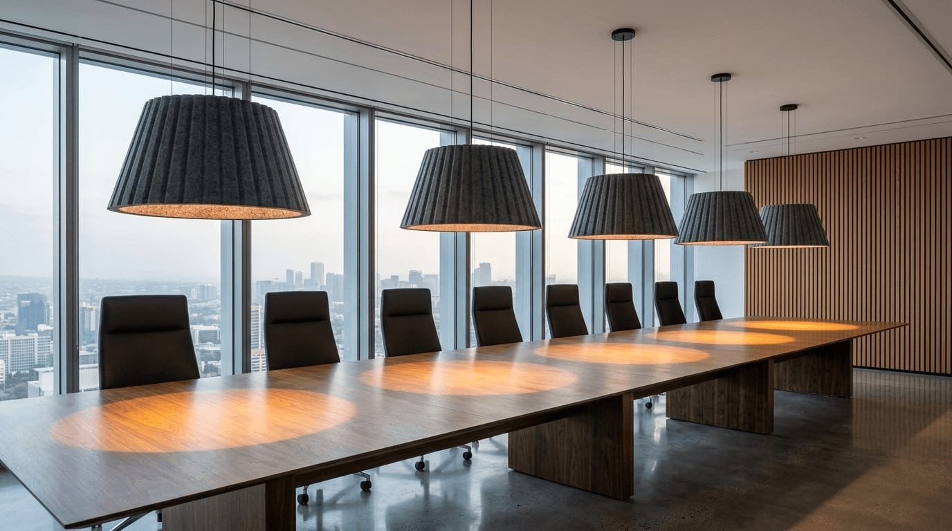 A run of KARIKA pleated felt acoustic pendants over a boardroom table