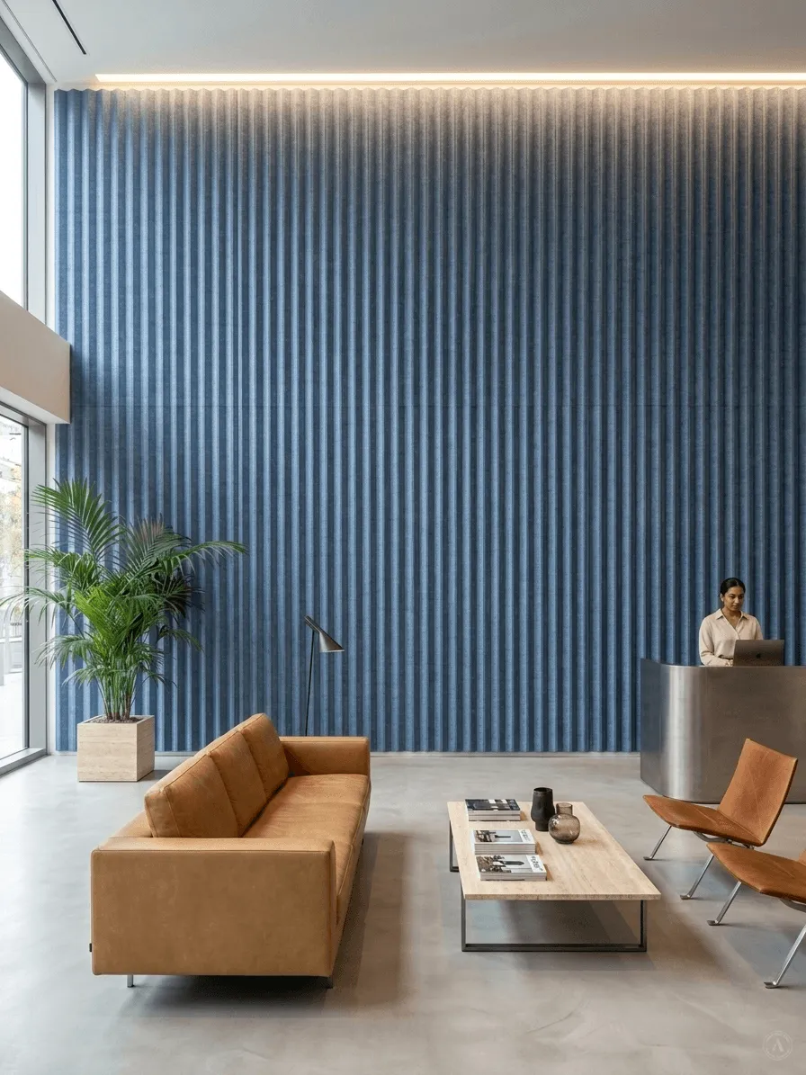 Concave fluted 3D embossed wall in slate blue
