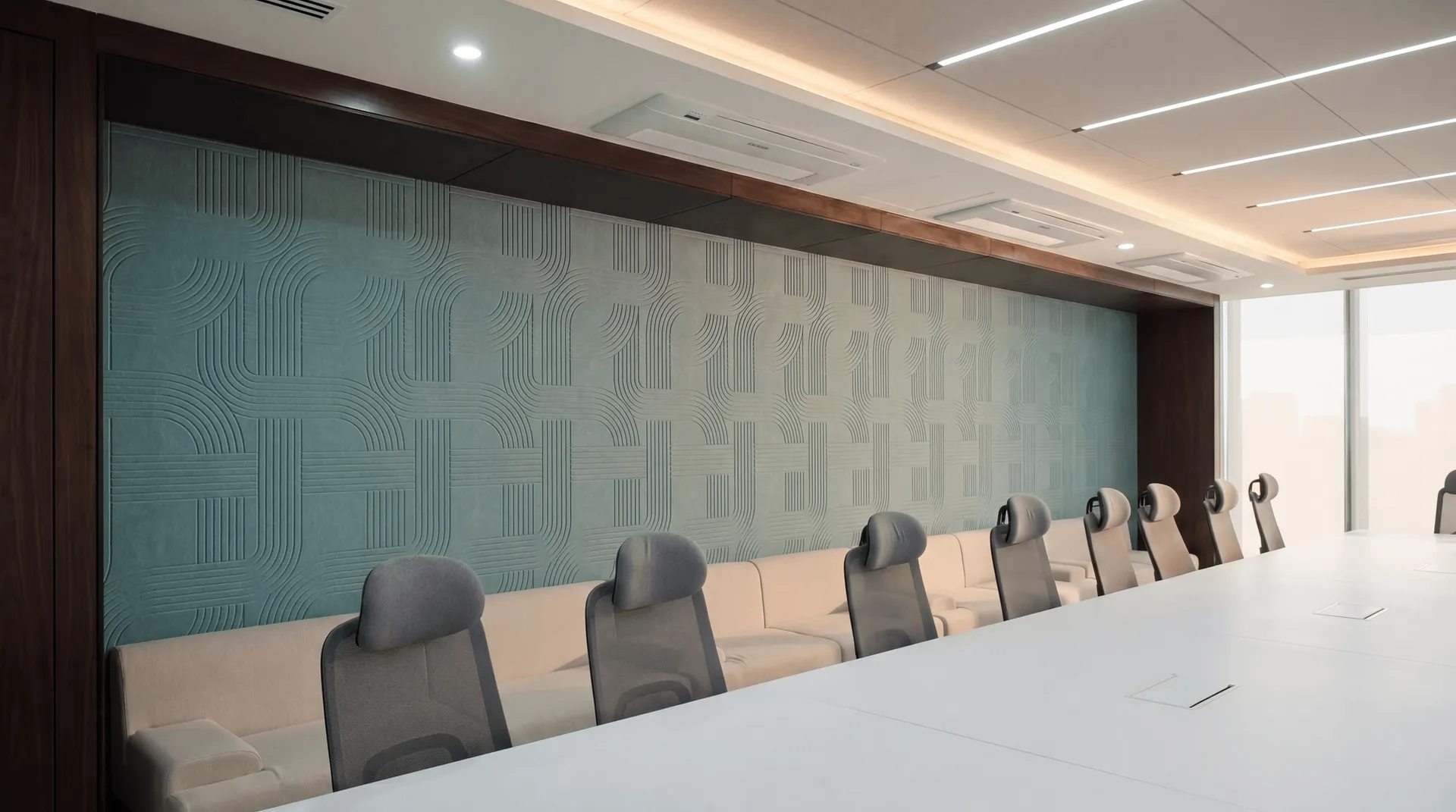 Boardroom with vertical grooved acoustic wall