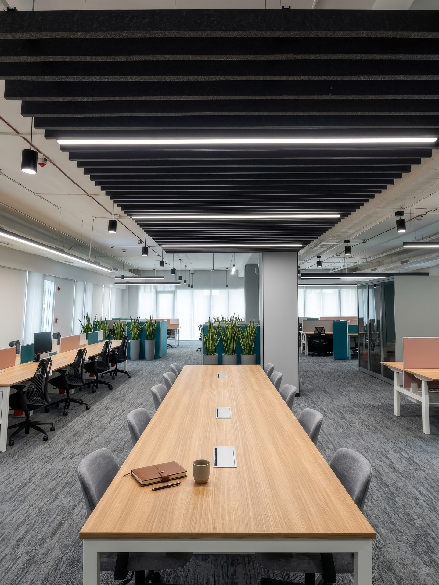 Open workspace with straight baffle ceiling