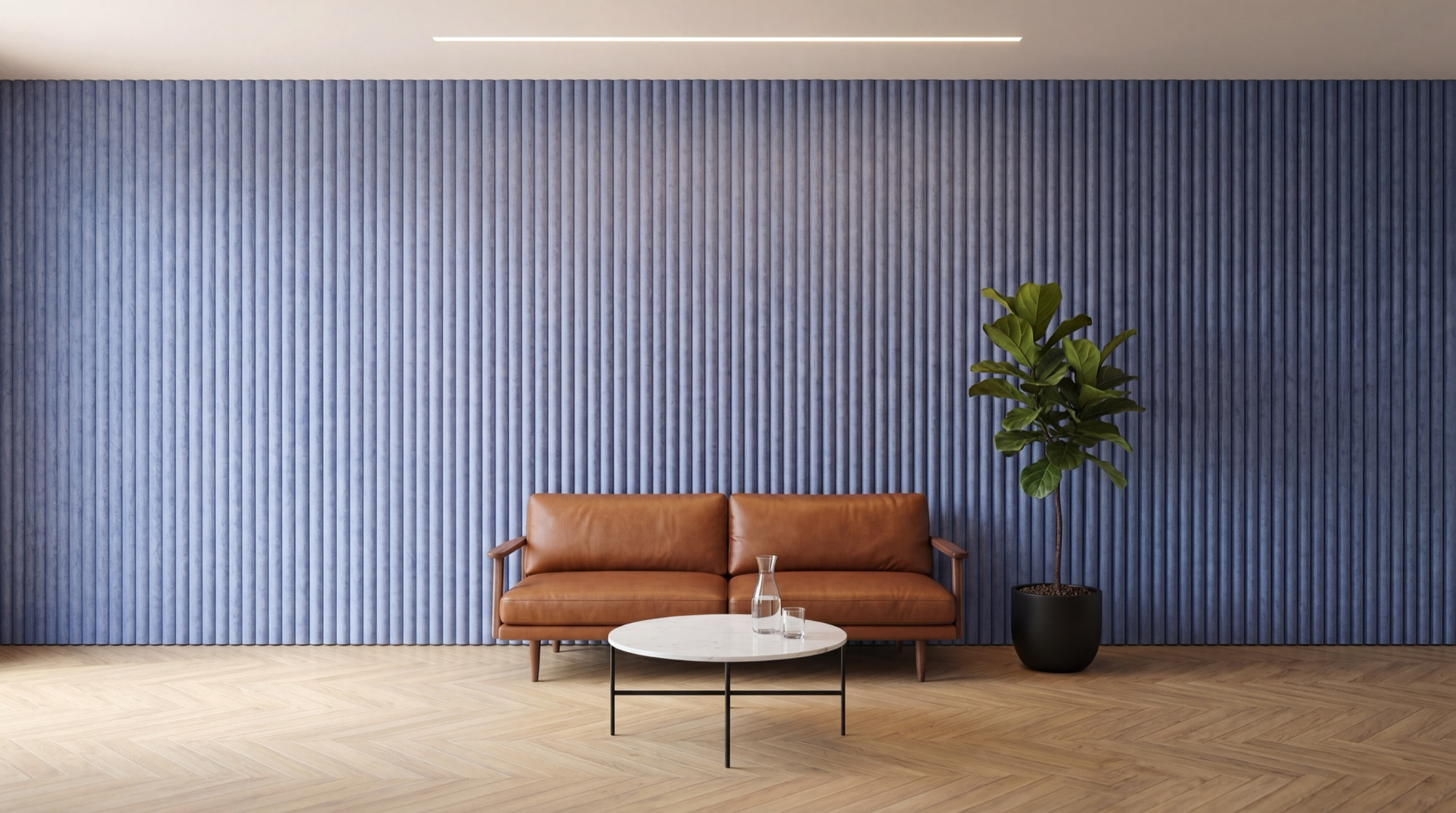 Vertical fluted acoustic wall in slate blue, lounge, Bangalore