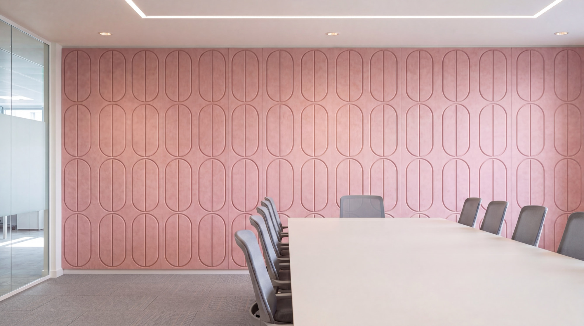 Pill-pattern grooved acoustic wall, meeting room, Bangalore