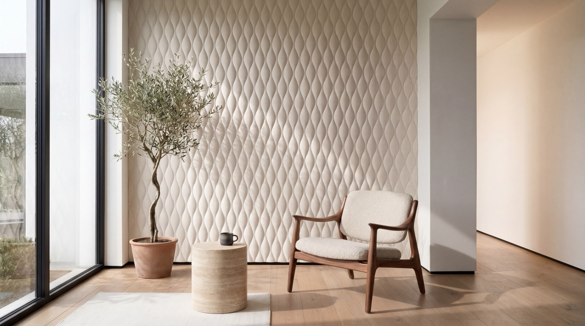 3D embossed leaf-pattern acoustic wall, living area, Bangalore