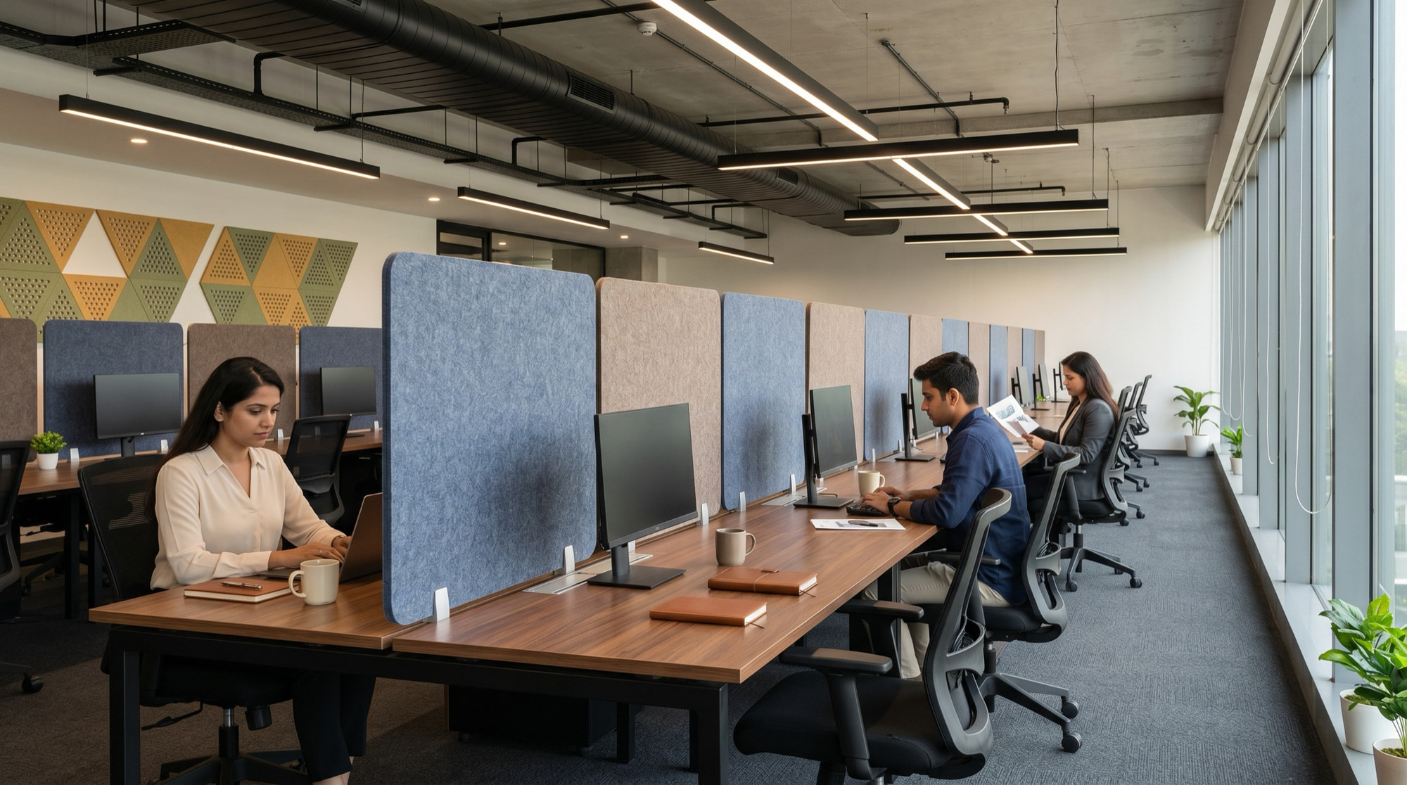 Desk-mounted KARIKA acoustic screens between workstations, Bangalore