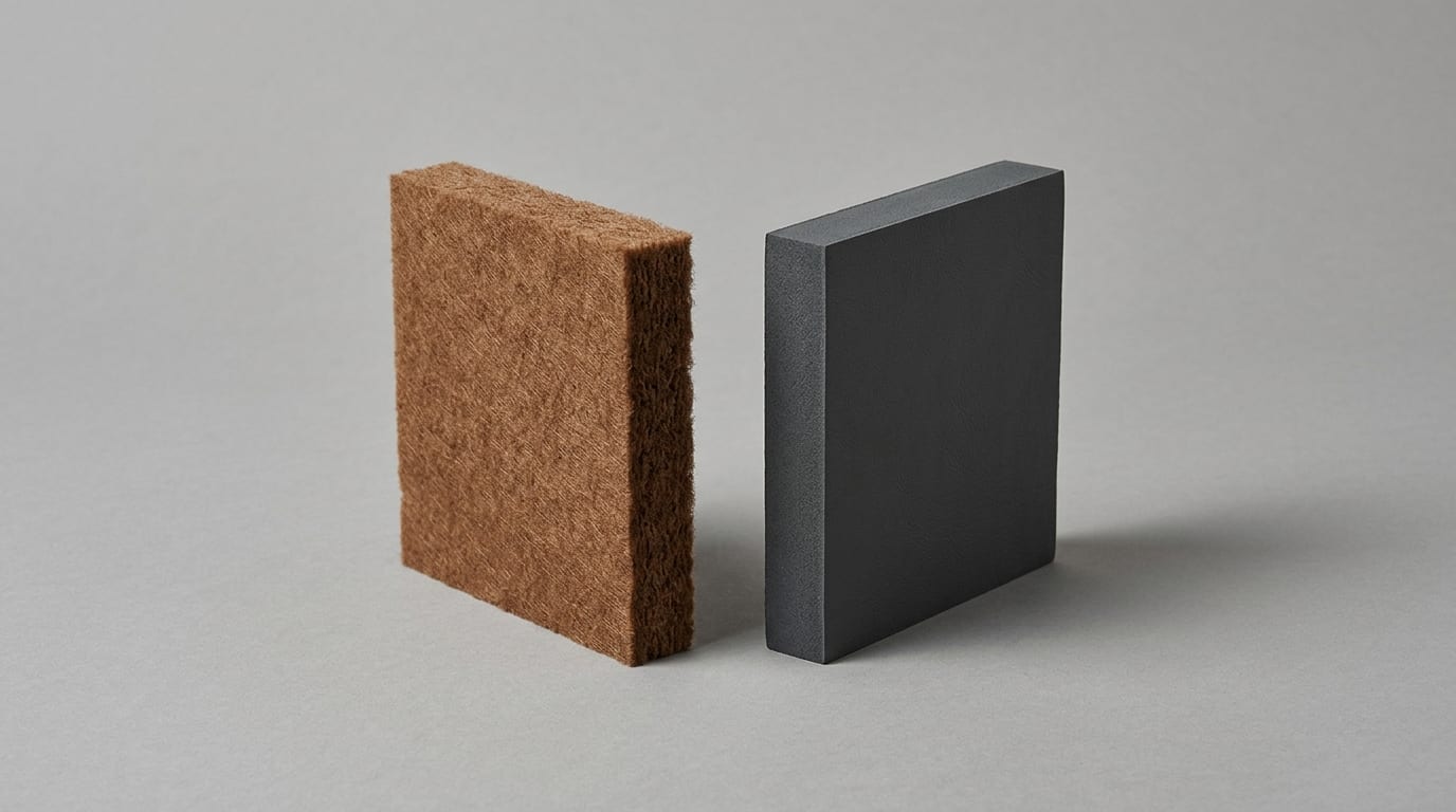 Two material samples side by side — a porous fibrous polyester acoustic felt block in warm umber on the left, a dense smooth charcoal grey soundproof barrier slab on the right — on a soft grey studio surface