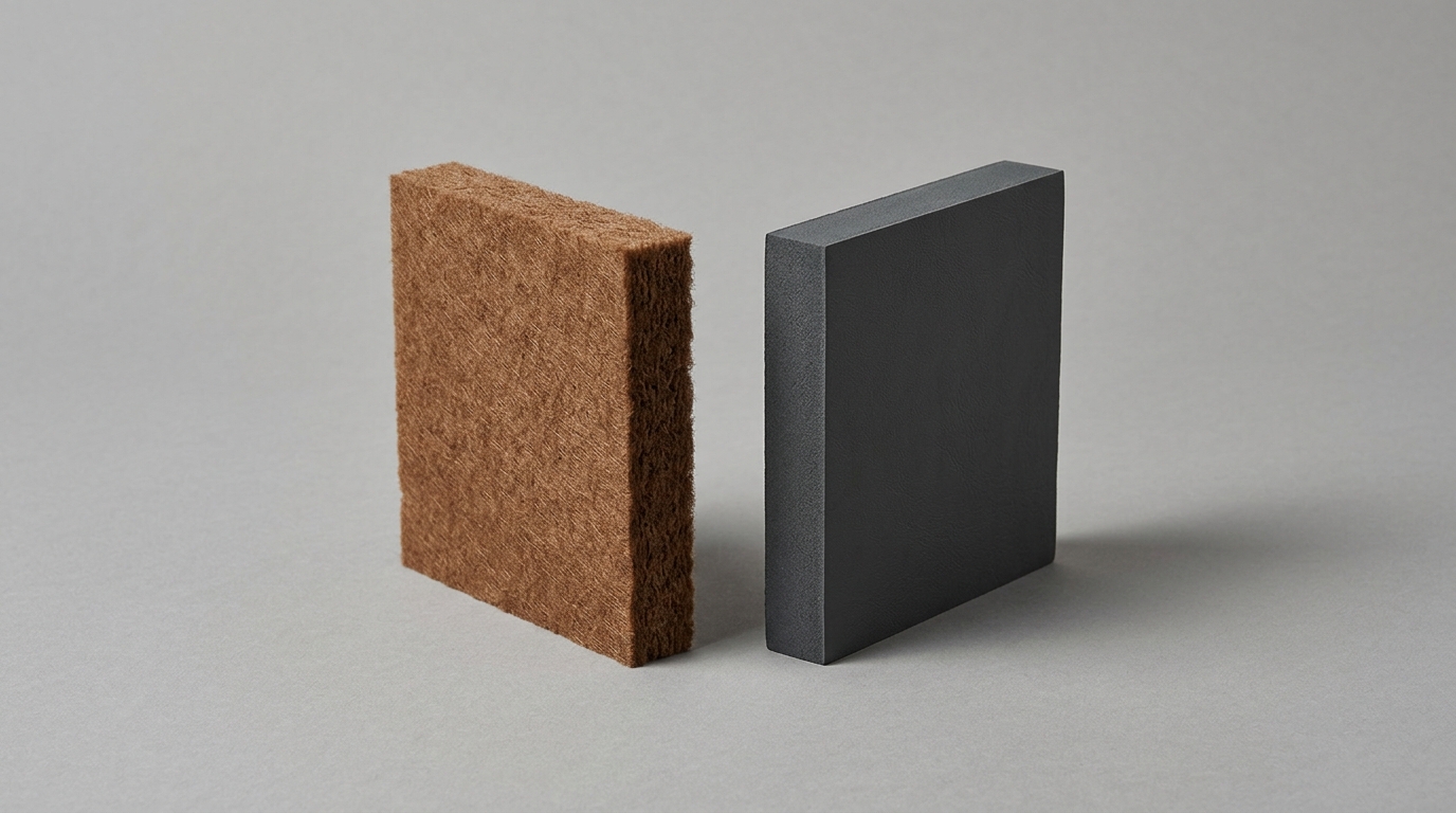Two material samples side by side — a porous fibrous polyester acoustic felt block in warm umber on the left, a dense smooth charcoal grey soundproof barrier slab on the right — on a soft grey studio surface