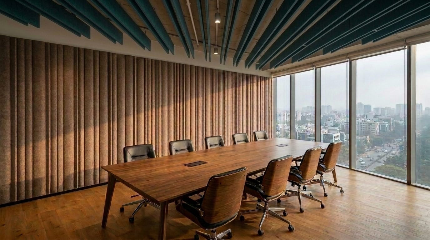 An empty modern Indian boardroom with vertical fluted polyester acoustic felt wall panels in warm umber, linear acoustic ceiling baffles in teal overhead, walnut conference table and large windows looking out on a hazed Bangalore skyline