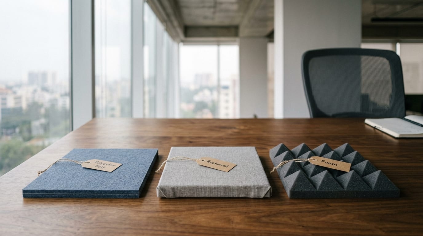 Three acoustic panel material samples laid side by side on a walnut desk in a Bangalore office — a slate-blue polyester felt panel on the left, a fabric-wrapped rockwool sample in the middle, and a charcoal pyramid foam sample on the right, with the office floor and window light visible in the background