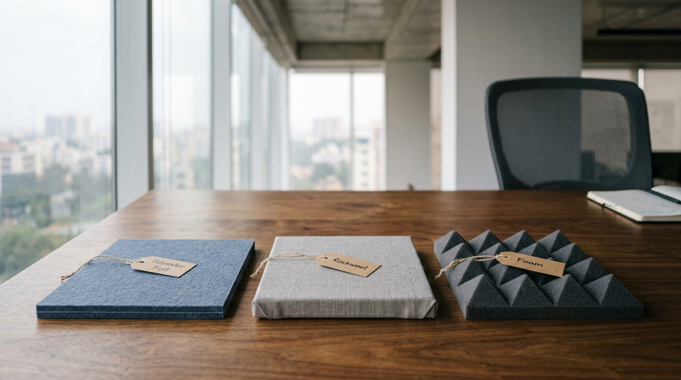 Three acoustic panel material samples laid side by side on a walnut desk in a Bangalore office — a slate-blue polyester felt panel on the left, a fabric-wrapped rockwool sample in the middle, and a charcoal pyramid foam sample on the right, with the office floor and window light visible in the background
